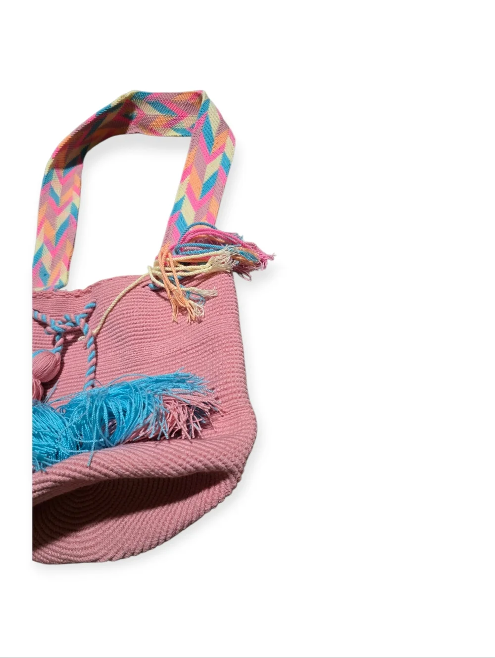 Wayuu Tribe Pink Woven Bucket Bag with Blue Tassels and Multicolor Strap